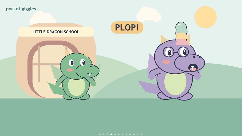 Fizzle, a little green dragon, surprises his purple teacher with three scoops of ice cream.